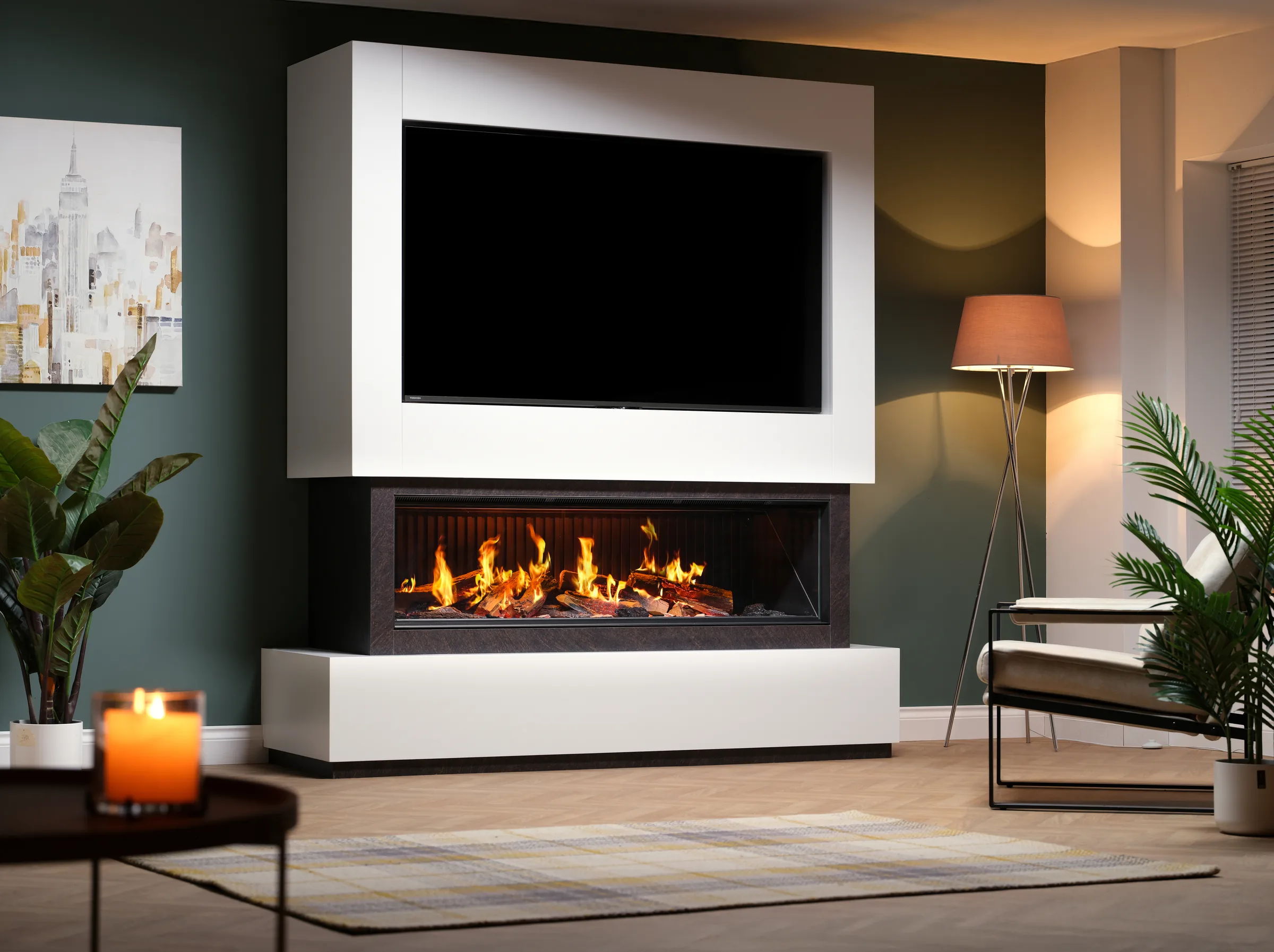 A Solus iX15 electric fire installed in a contemporary media wall