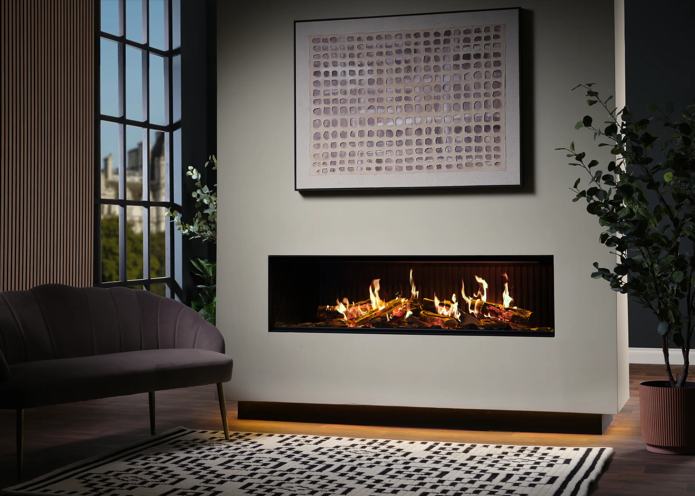 A Solus iX15 electric fire in a contemporary dark teal living room