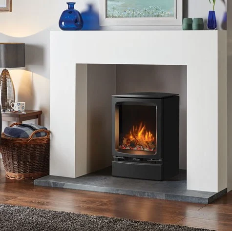 The Gazco Vogue Midi stove body, shown here in its electric version. Richard and Sara’s is the gas model.