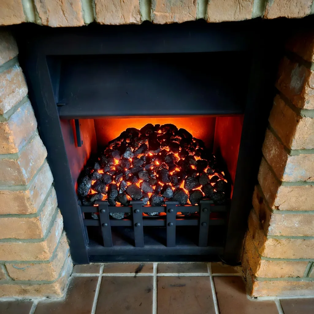 A black fire basket with glowing coals in a brick-lined fireplace.