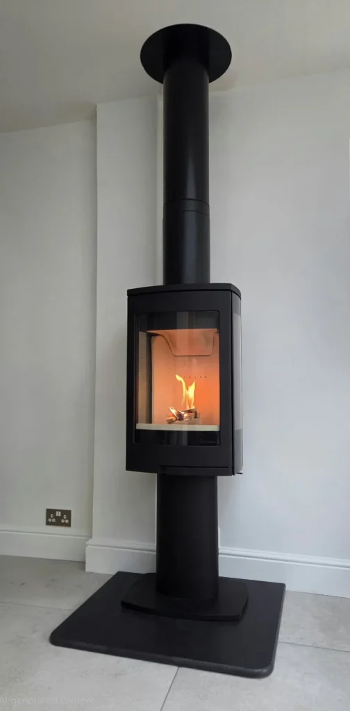 A slim black pedestal stove and vertical flue in a bright corner, on a dark hearth.